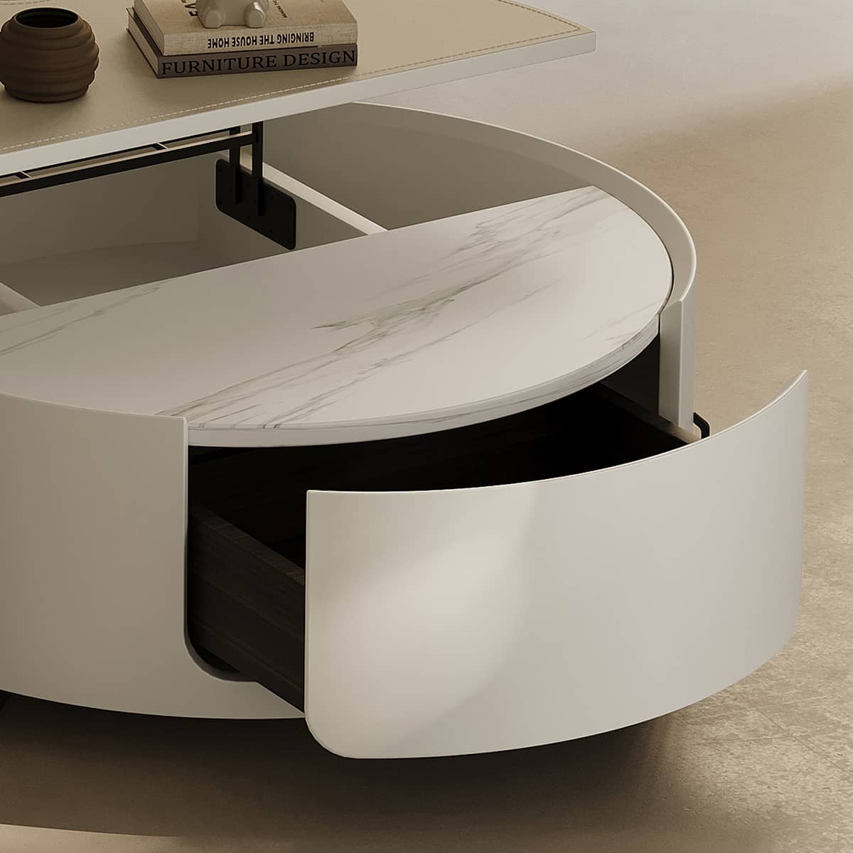 Modern Tea Table - Sintered Stone Top, Carbon Steel Frame, Faux Leather Accents, Tempered Glass Shelf hxj-2729