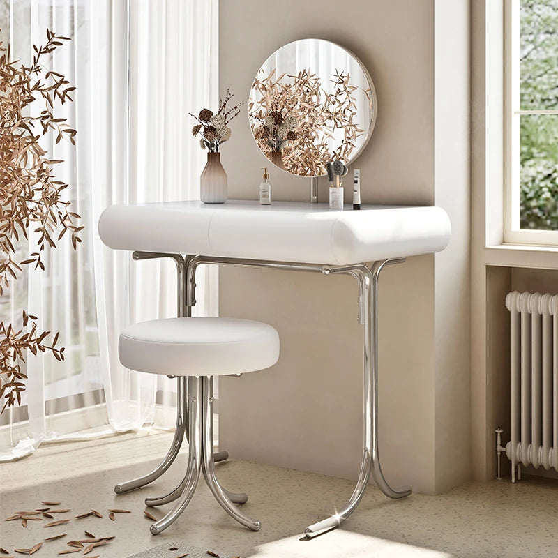 Sleek Modern Makeup Table with Round Mirror and Stylish Stool - Multi-Layer Design for Ultimate Vanity Experience hxy-5159