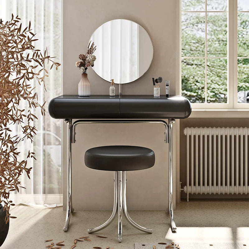 Sleek Modern Makeup Table with Round Mirror and Stylish Stool - Multi-Layer Design for Ultimate Vanity Experience hxy-5159