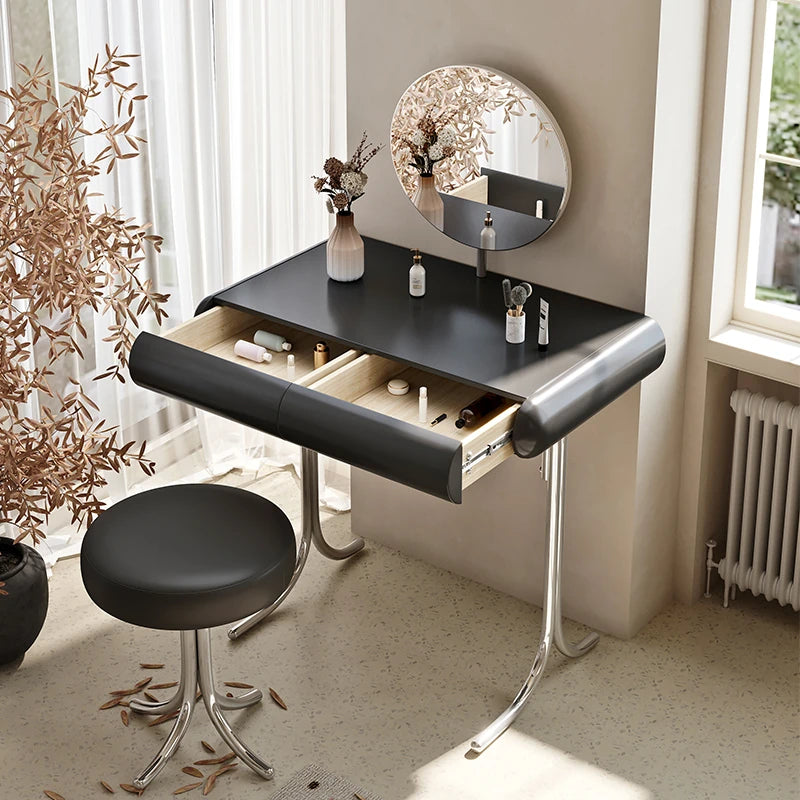 Sleek Modern Makeup Table with Round Mirror and Stylish Stool - Multi-Layer Design for Ultimate Vanity Experience hxy-5159