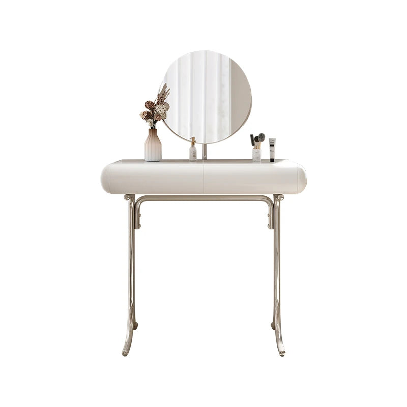 Sleek Modern Makeup Table with Round Mirror and Stylish Stool - Multi-Layer Design for Ultimate Vanity Experience hxy-5159