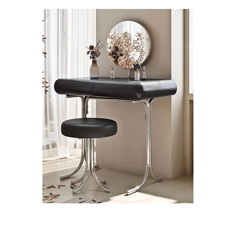 Sleek Modern Makeup Table with Round Mirror and Stylish Stool - Multi-Layer Design for Ultimate Vanity Experience hxy-5159