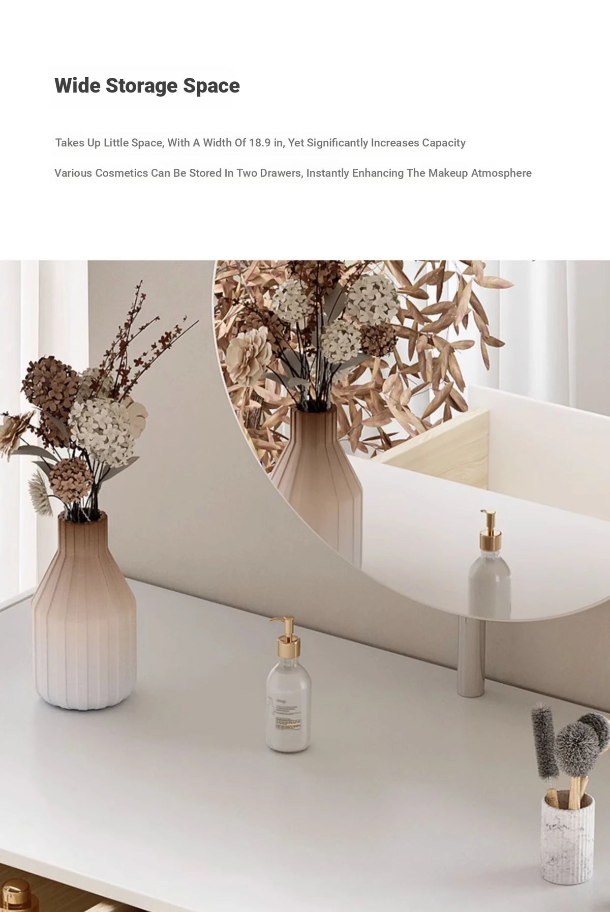 Sleek Modern Makeup Table with Round Mirror and Stylish Stool - Multi-Layer Design for Ultimate Vanity Experience hxy-5159