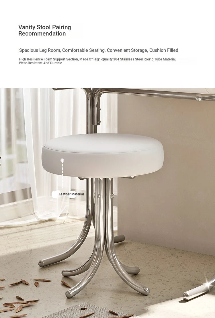 Sleek Modern Makeup Table with Round Mirror and Stylish Stool - Multi-Layer Design for Ultimate Vanity Experience hxy-5159