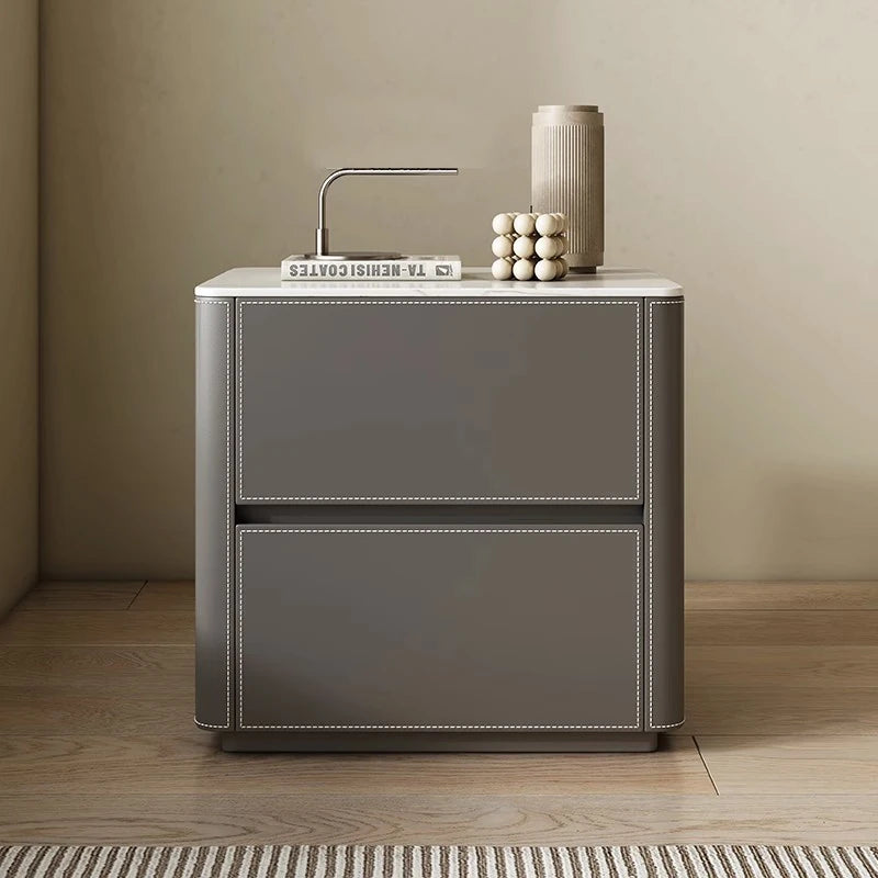 Stylish Ceramic Sintered Stone Bedside Cupboard with Sleek Synthetic Leather Finish - Modern Nightstand for Bedroom Storage hxy-5161