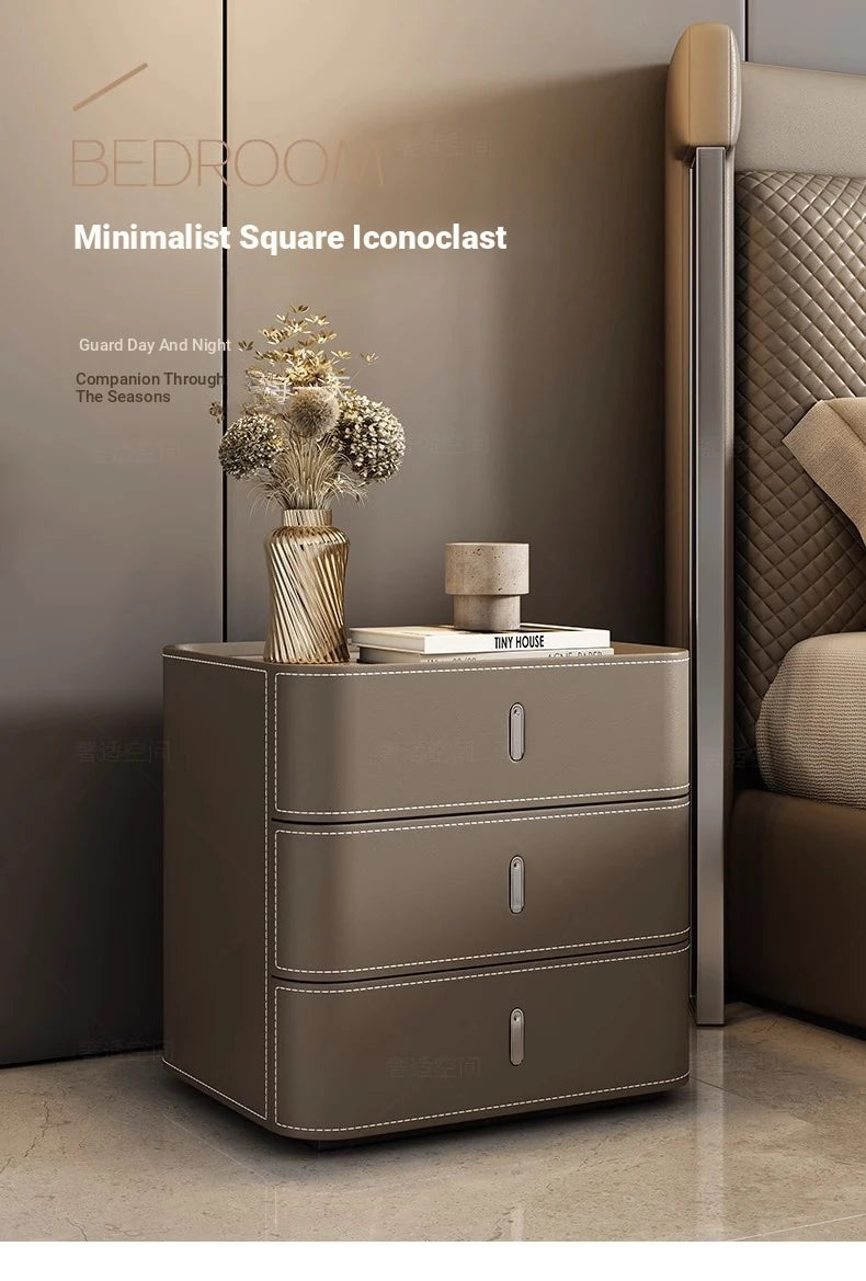 Stylish Bedside Cupboard with Ceramic Sintered Stone and Solid Wood - 3 Drawer Nightstand in Synthetic Leather Finish hxy-5166