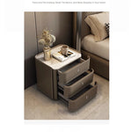 Stylish Bedside Cupboard with Ceramic Sintered Stone and Solid Wood - 3 Drawer Nightstand in Synthetic Leather Finish hxy-5166