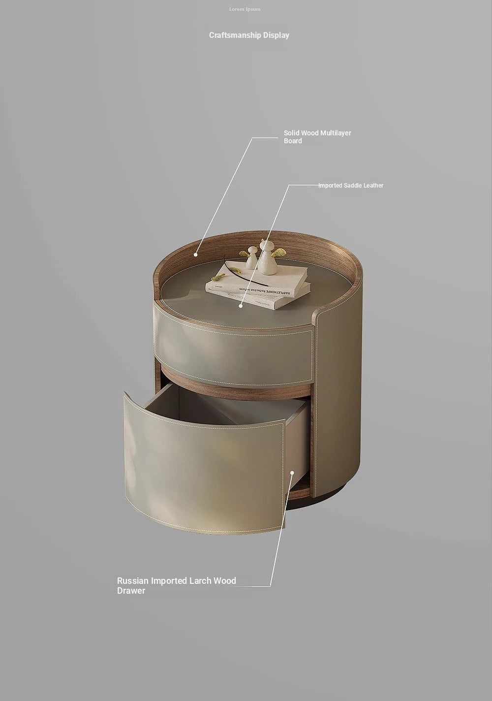 Elegant Round Bedside Cupboard with Multi-layer Board & Synthetic Leather Finish - Stylish Storage Solution for Modern Bedrooms hxy-5167