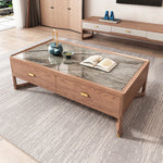 Stylish Ash Wood Coffee Table with Sintered Stone Top and Storage Drawers - Modern Living Room Furniture hyc-3116