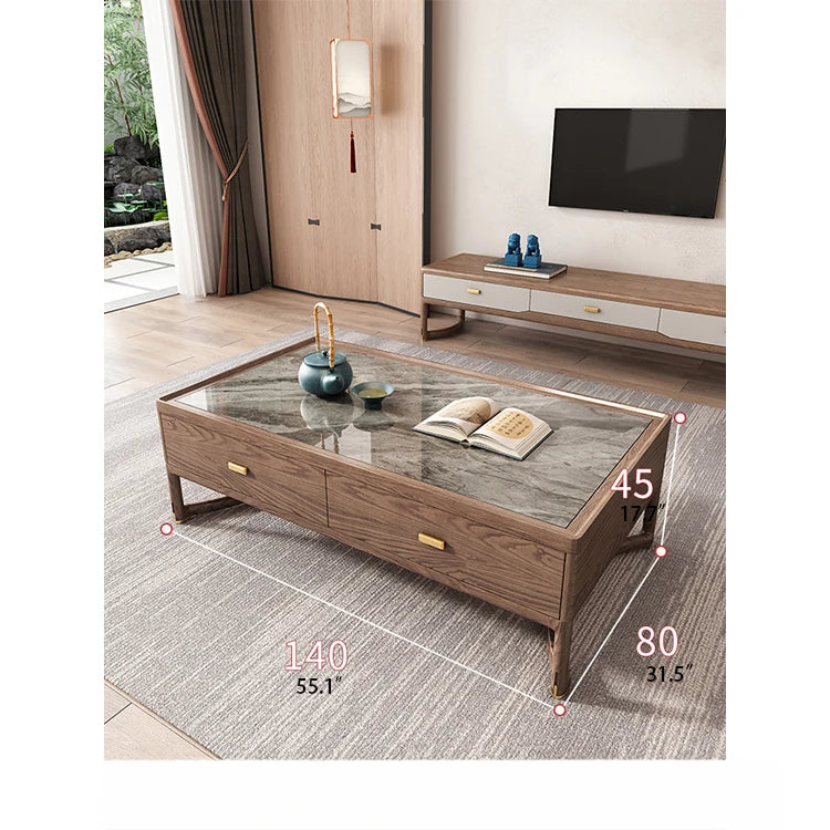 Stylish Ash Wood Coffee Table with Sintered Stone Top and Storage Drawers - Modern Living Room Furniture hyc-3116