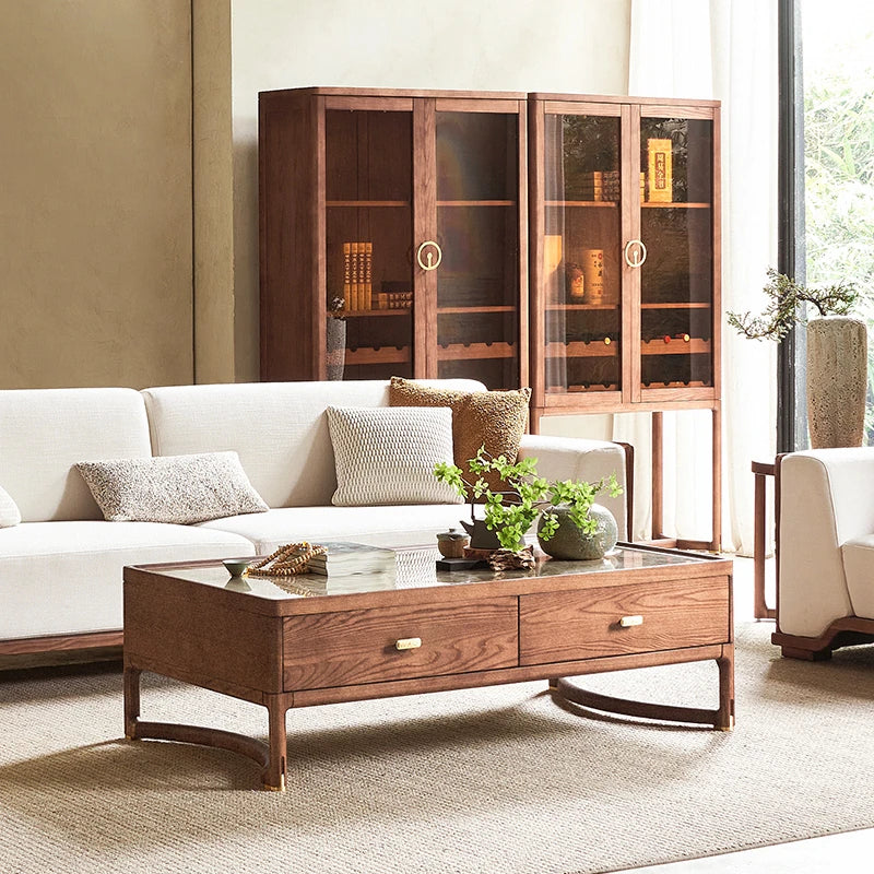 Stylish Ash Wood Coffee Table with Sintered Stone Top and Storage Drawers - Modern Living Room Furniture hyc-3116