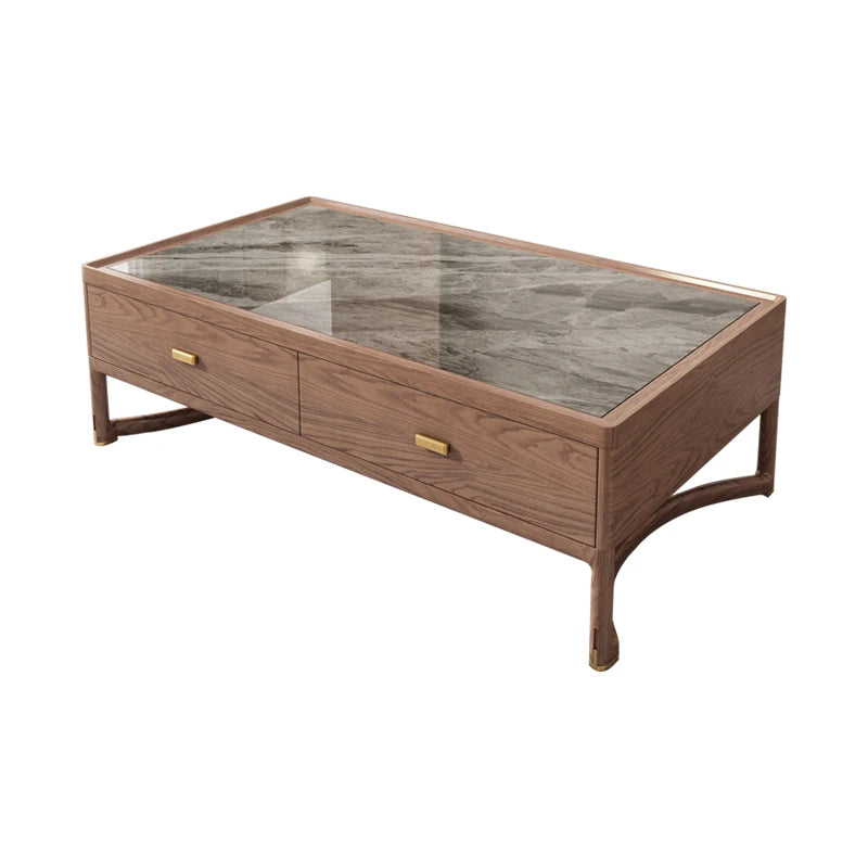 Stylish Ash Wood Coffee Table with Sintered Stone Top and Storage Drawers - Modern Living Room Furniture hyc-3116