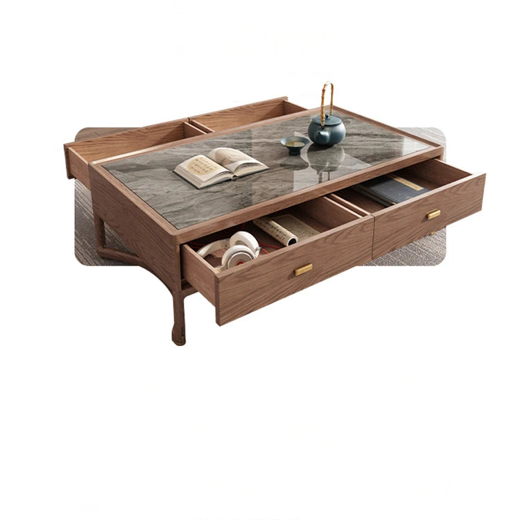 Stylish Ash Wood Coffee Table with Sintered Stone Top and Storage Drawers - Modern Living Room Furniture hyc-3116