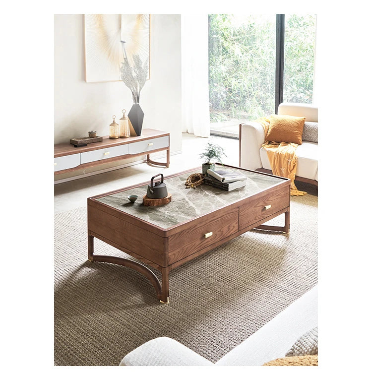 Stylish Ash Wood Coffee Table with Sintered Stone Top and Storage Drawers - Modern Living Room Furniture hyc-3116