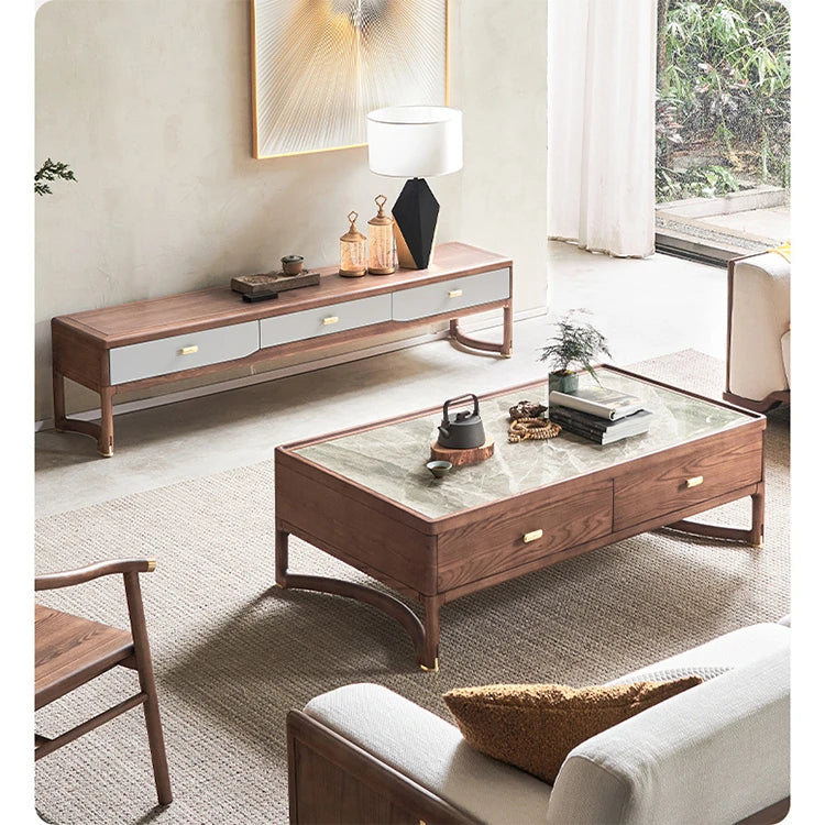 Stylish Ash Wood Coffee Table with Sintered Stone Top and Storage Drawers - Modern Living Room Furniture hyc-3116