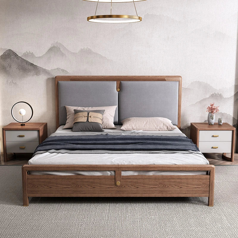 Elegant Ash Wood Nightstand with Dual Drawers and Gold Accents – Modern Bedroom Storage Solution hyc-3119