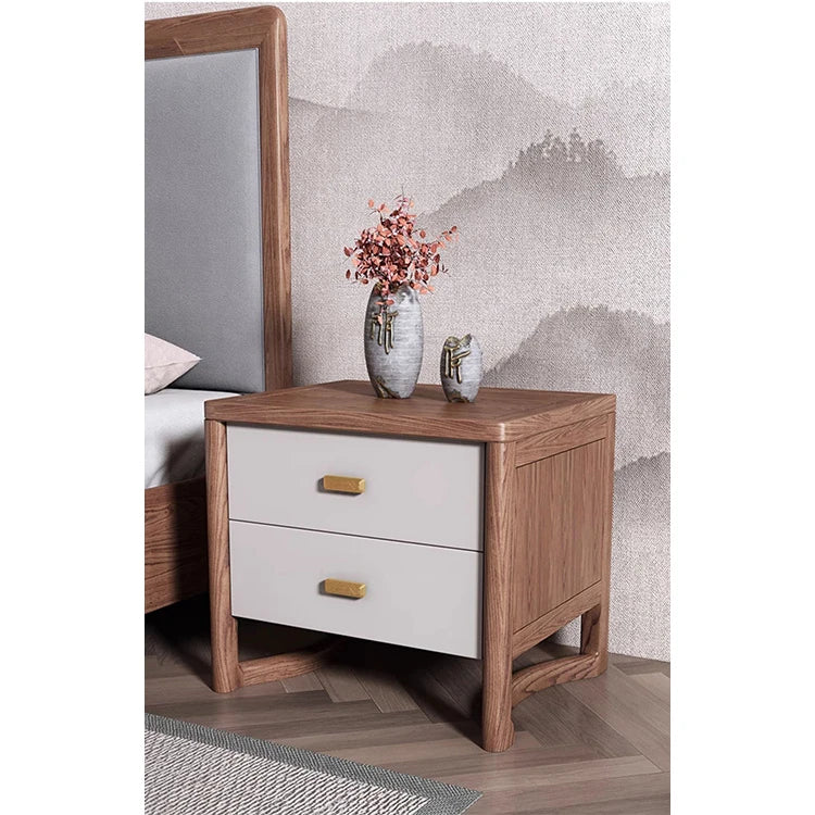 Elegant Ash Wood Nightstand with Dual Drawers and Gold Accents – Modern Bedroom Storage Solution hyc-3119
