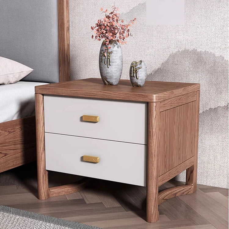 Elegant Ash Wood Nightstand with Dual Drawers and Gold Accents – Modern Bedroom Storage Solution hyc-3119