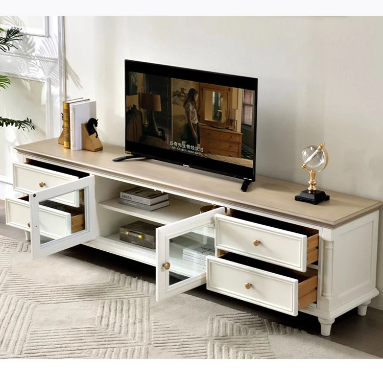 Luxurious Solid Wood TV Cabinet with Tempered Glass Accents - Elegance for Modern Living Rooms hyjyj-4263