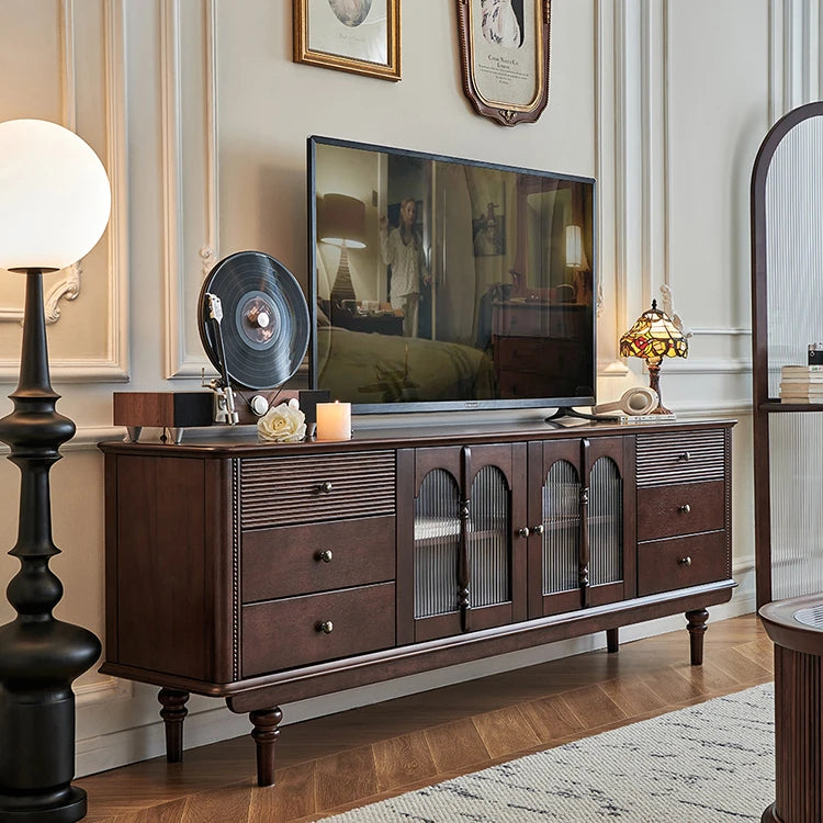 Elegant Solid Wood TV Cabinet with Glass Doors - Stylish Living Room Storage Solution hyjyj-4278