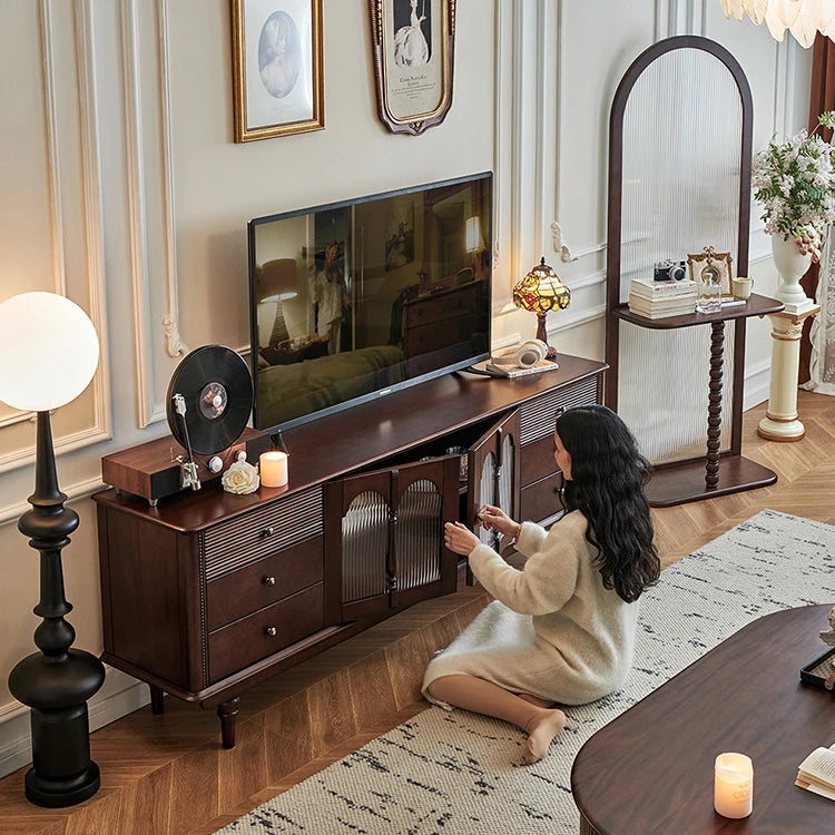 Elegant Solid Wood TV Cabinet with Glass Doors - Stylish Living Room Storage Solution hyjyj-4278