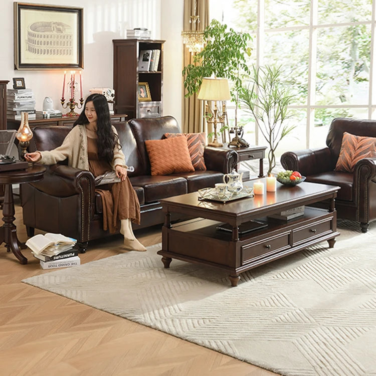 Luxurious Pine Cherry Wood Sofa Set with Premium Leather Upholstery hyjyj-4284