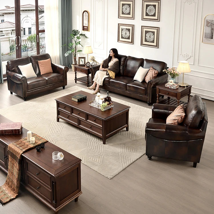 Luxurious Pine Cherry Wood Sofa Set with Premium Leather Upholstery hyjyj-4284