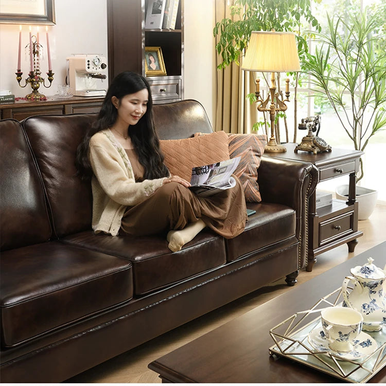 Luxurious Pine Cherry Wood Sofa Set with Premium Leather Upholstery hyjyj-4284