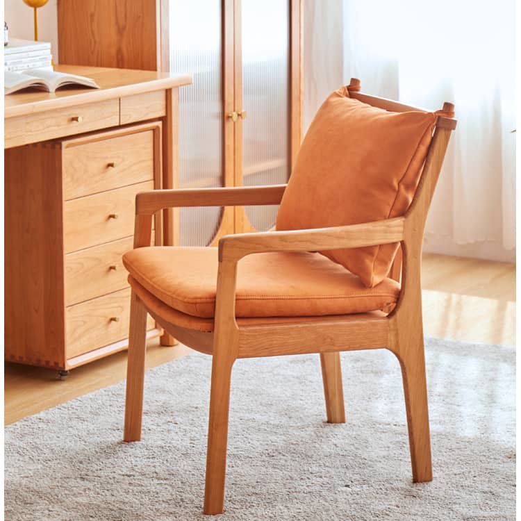 Sleek Mid-Century Modern Chair with Orange, Off-White, and Yellow Leathaire - Natural Oak, Cherry, and Light Brown Wood Finish hykmq-745