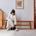 Elegant Grey Brown Stool with Natural Wood Legs in Black Walnut and Cherry Wood, Upholstered in Cotton-Linen Blend hykmq-746