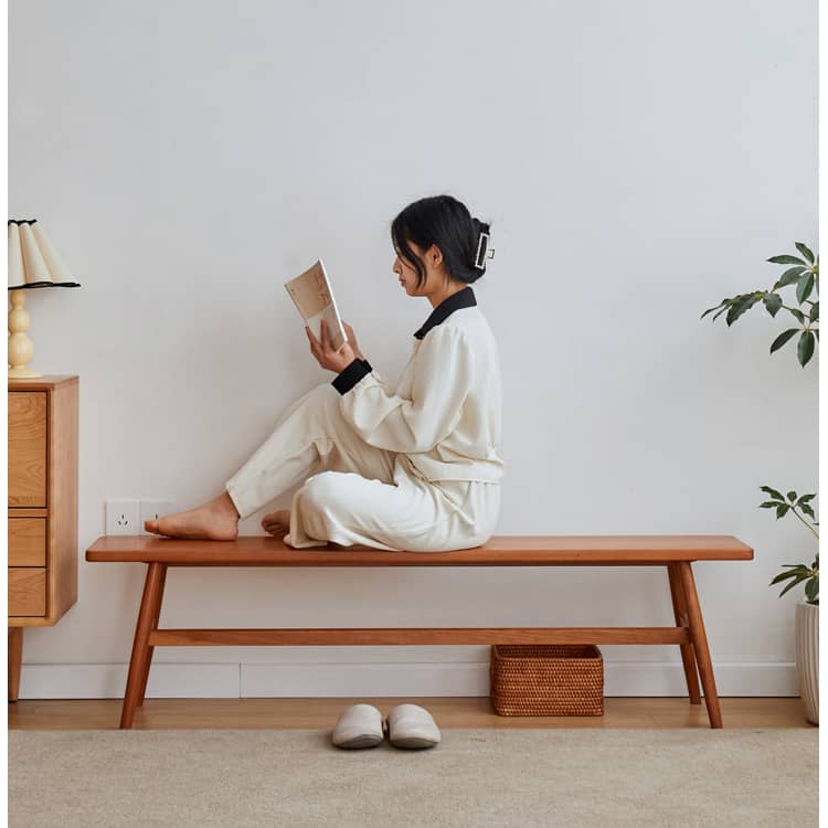 Elegant Grey Brown Stool with Natural Wood Legs in Black Walnut and Cherry Wood, Upholstered in Cotton-Linen Blend hykmq-746