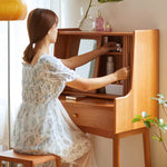 Elegant Cherry Wood Makeup Table with Copper Accents & Glass Top hykmq-752