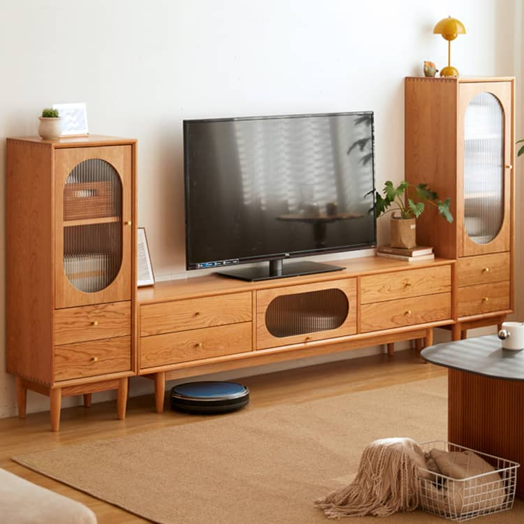 Cherry Wood TV Cabinet with Copper Hardware and Glass Doors hykmq-757