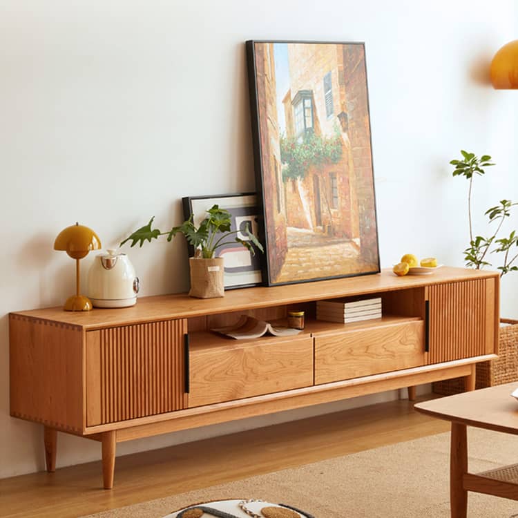 Elegant TV Cabinet in Natural Wood, Gold & Black Cherry with Aluminum Accents hykmq-758