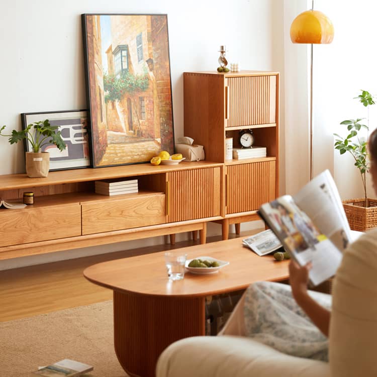 Elegant TV Cabinet in Natural Wood, Gold & Black Cherry with Aluminum Accents hykmq-758