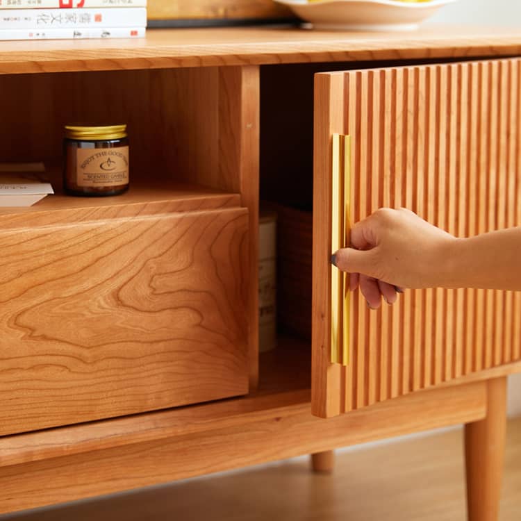 Elegant TV Cabinet in Natural Wood, Gold & Black Cherry with Aluminum Accents hykmq-758