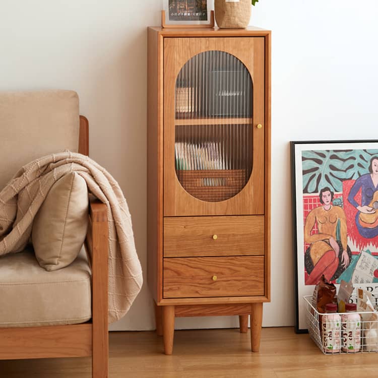 Elegant Cherry Wood & Glass Cabinet with Copper Accents - Plywood Shelving hykmq-766