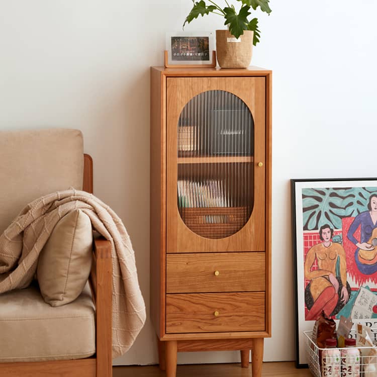 Elegant Cherry Wood & Glass Cabinet with Copper Accents - Plywood Shelving hykmq-766