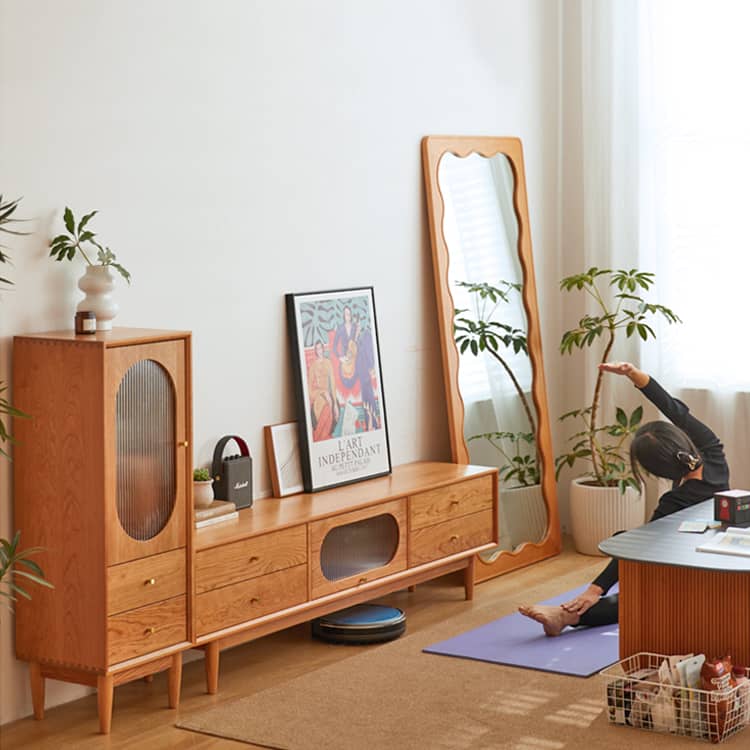 Elegant Cherry Wood & Glass Cabinet with Copper Accents - Plywood Shelving hykmq-766