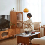 Elegant Cherry Wood & Glass Cabinet with Copper Accents - Plywood Shelving hykmq-766