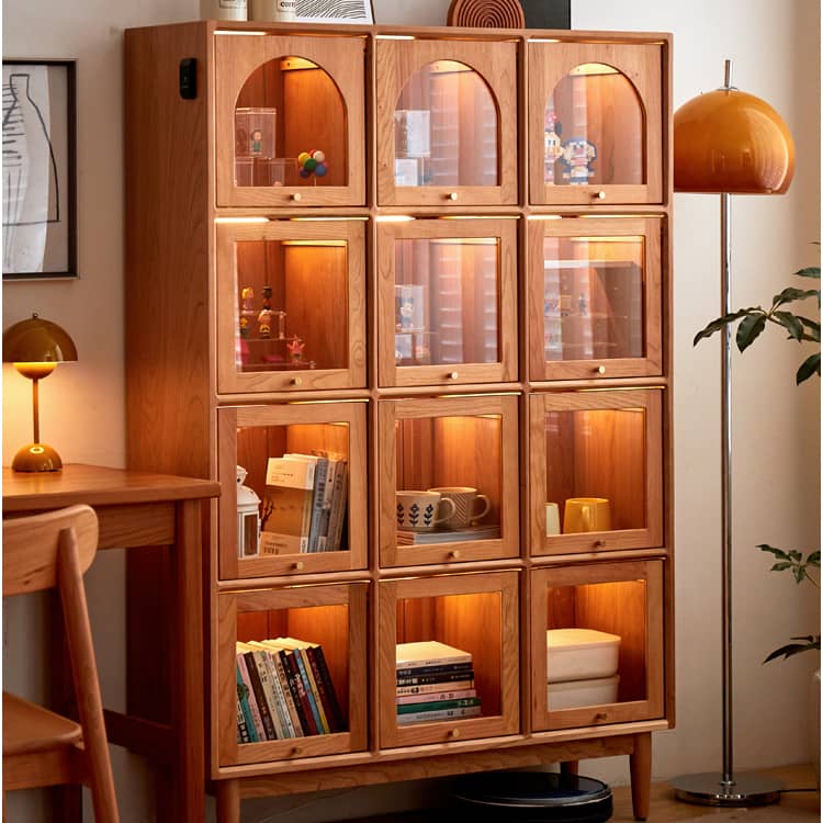 Elegant Cherry Wood Cabinet with Glass Doors and Copper Accents - Natural Finish hykmq-768