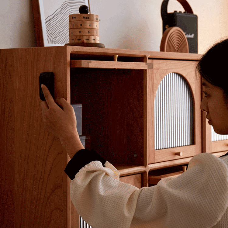 Elegant Cherry Wood Cabinet with Glass Doors and Copper Accents - Natural Finish hykmq-768