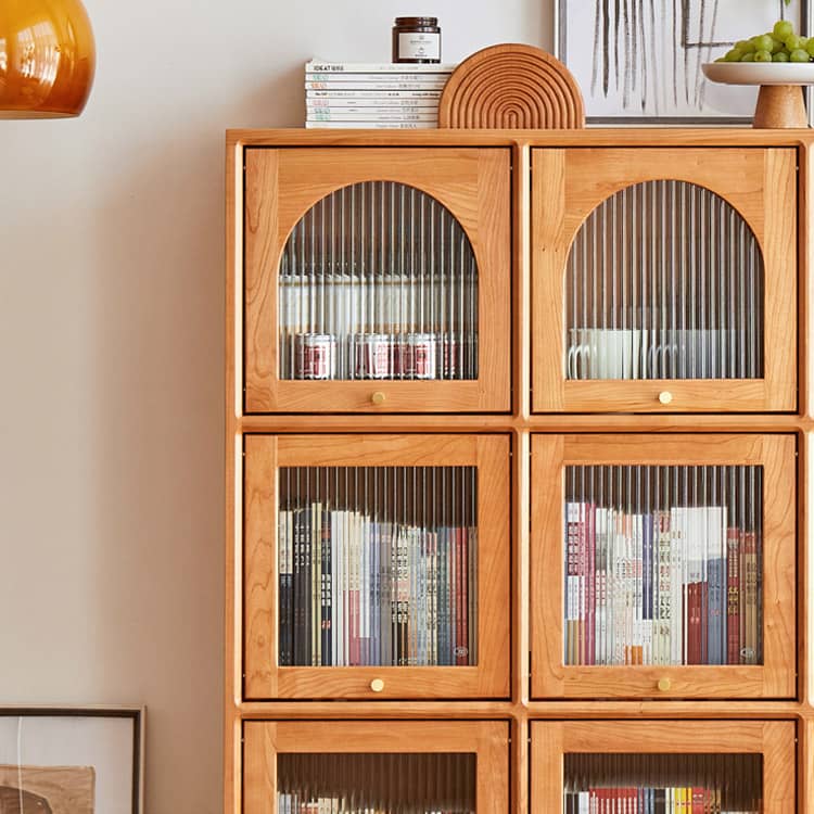 Elegant Cherry Wood Cabinet with Glass Doors and Copper Accents - Natural Finish hykmq-768