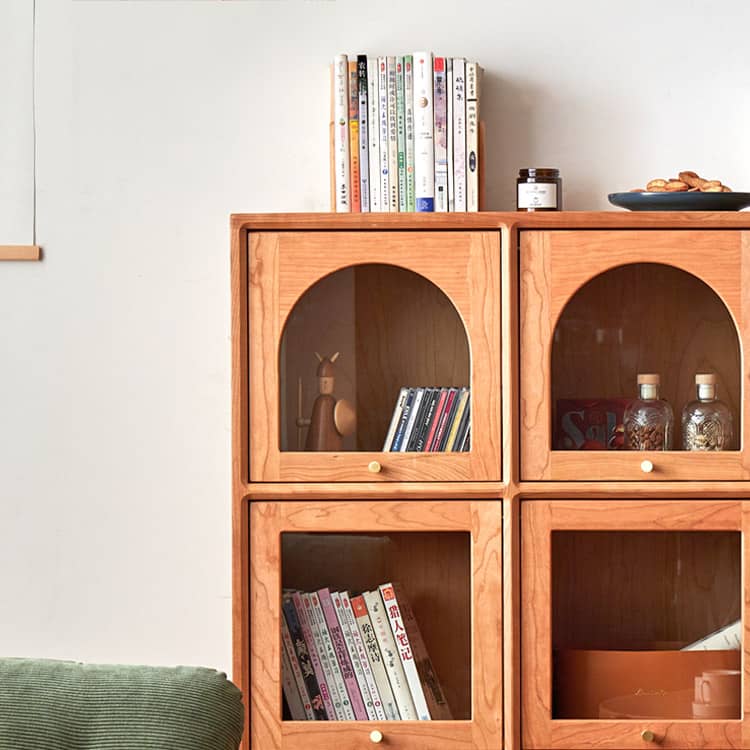 Elegant Cherry Wood Cabinet with Glass Doors and Copper Accents - Natural Finish hykmq-768