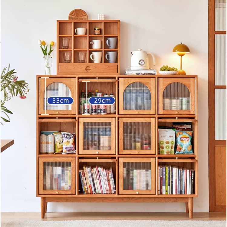 Elegant Cherry Wood Cabinet with Glass Doors and Copper Accents - Natural Finish hykmq-768