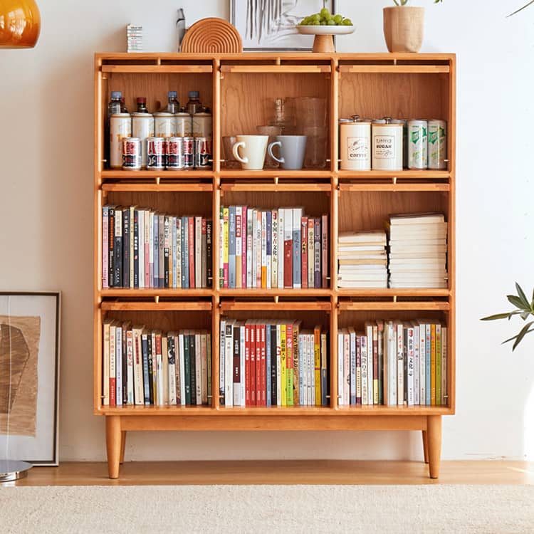 Elegant Cherry Wood Cabinet with Glass Doors and Copper Accents - Natural Finish hykmq-768