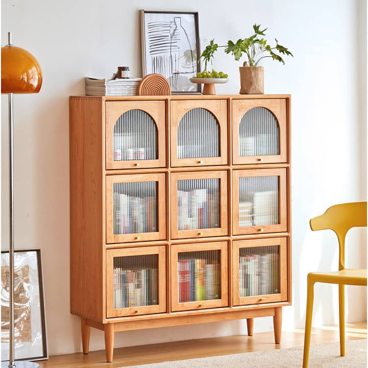 Elegant Cherry Wood Cabinet with Glass Doors and Copper Accents - Natural Finish hykmq-768