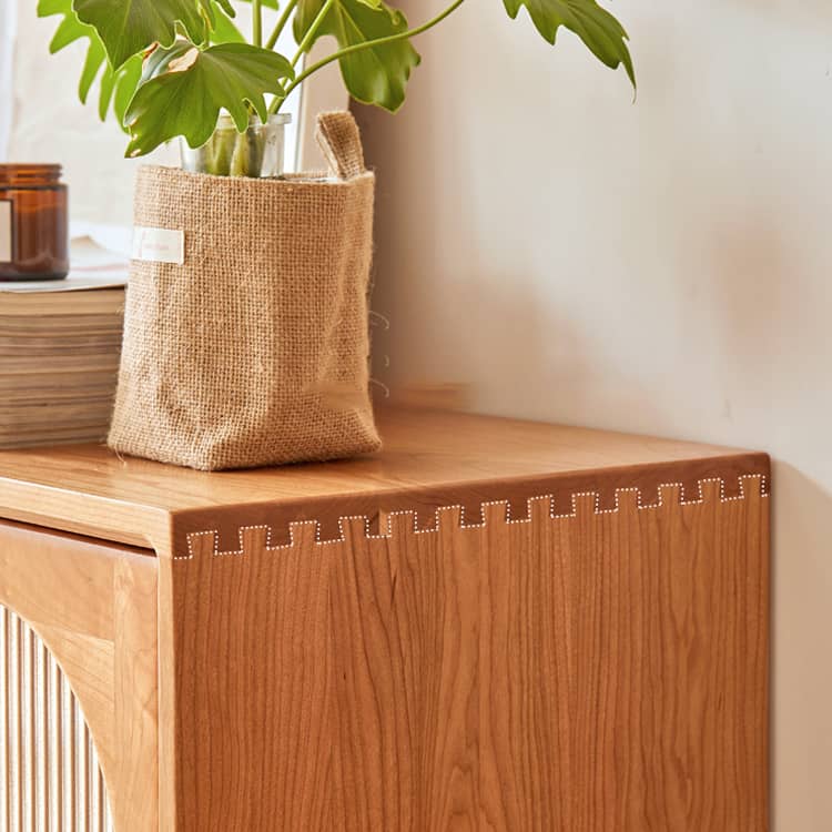 Elegant Cherry Wood Cabinet with Glass Doors and Copper Accents - Natural Finish hykmq-768