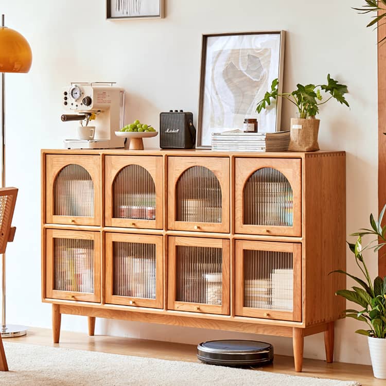 Elegant Cherry Wood Cabinet with Glass Doors and Copper Accents - Natural Finish hykmq-768