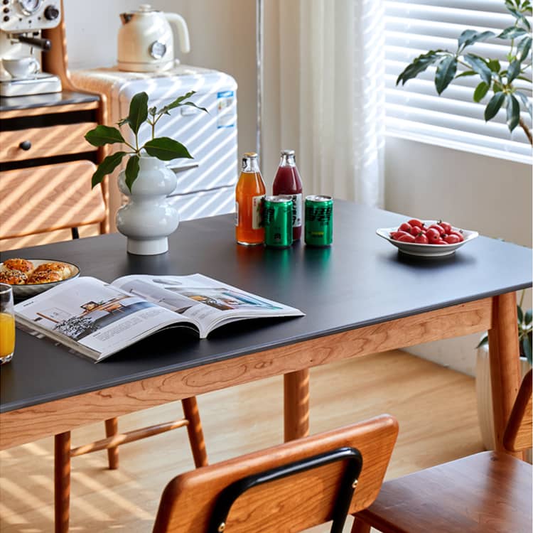 Elegant Black and Natural Wood Table with White Marble, Cherry Wood, and Red Oak Options hykmq-787